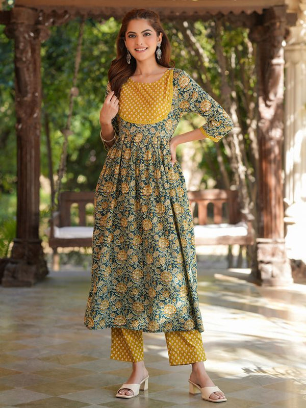 Women’s Bottle Green Cotton Floral A-line Kurta Set