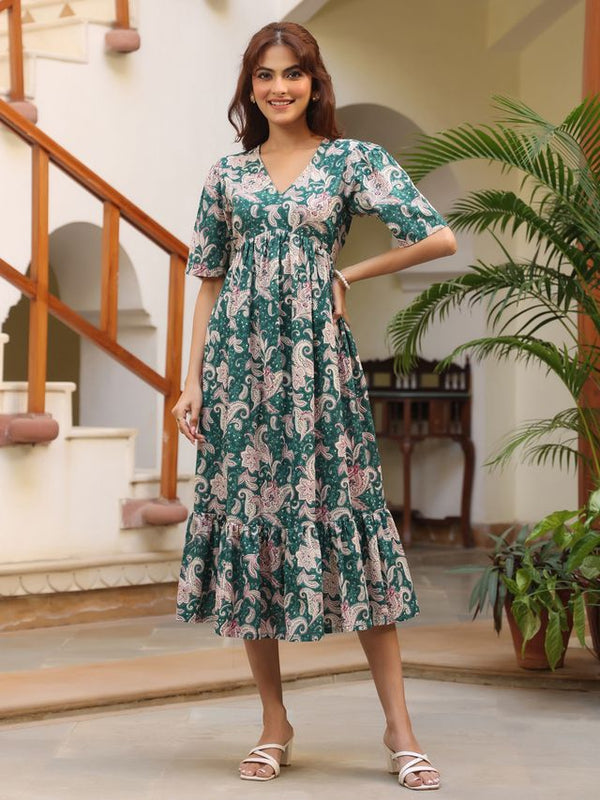 Clothsy Fashion Cfipur Green Cotton Dress – Elegant & Comfortable