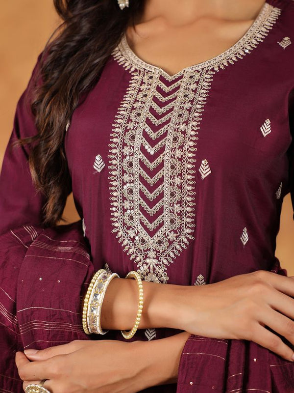 Clothsy Fashion Women’s Wine Chanderi Story Embroidered Straight Kurta Set