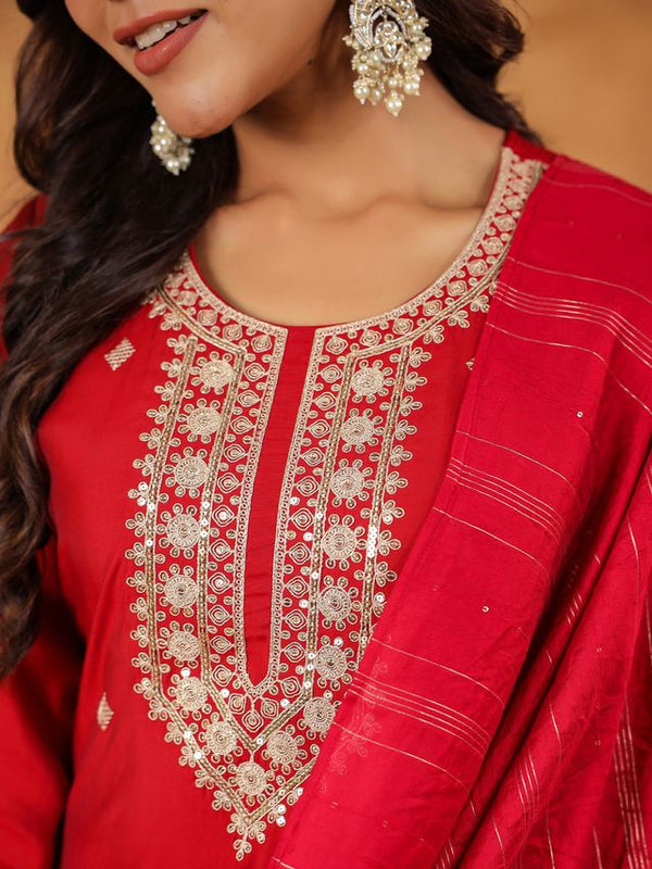 Chanderi Story | Women's Maroon Chanderi Embroidered Straight Kurta Set