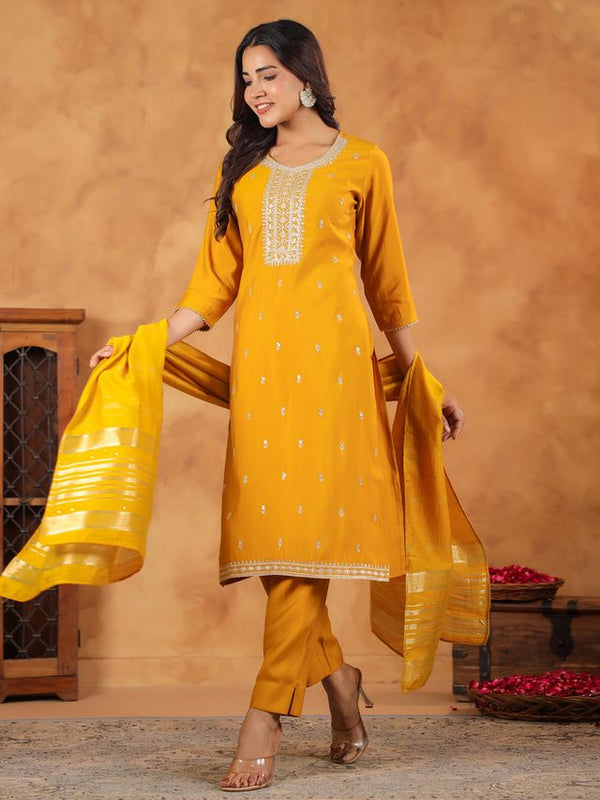 Chanderi Story | Women's Mustard Chanderi Embroidered Straight Kurta Set