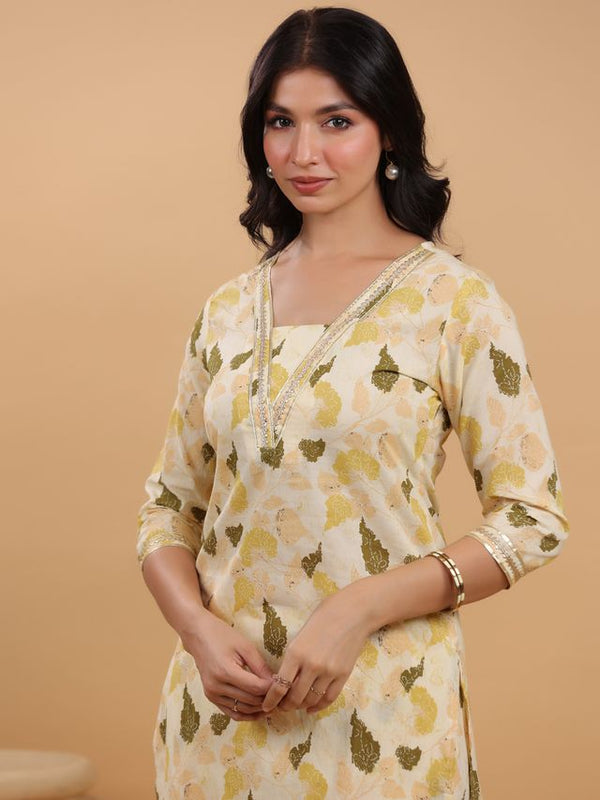 Women’s Cream Cotton Floral Straight Kurta Set – Elegant Kurta & Bottom
