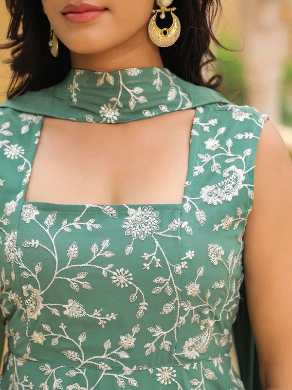 Fusion Wear | Women's Sage Green Georgette Embroidered A-line Kurta Set