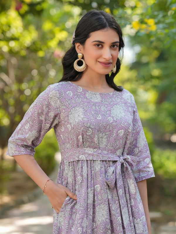 Women's Lavender Cotton Floral Tiered Dress