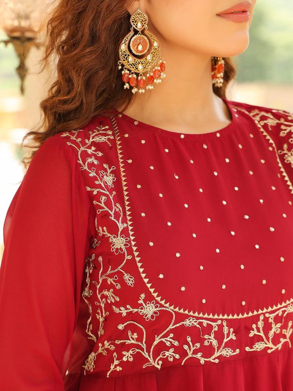 Clothsy Fashion Women’s Maroon Georgette Embroidered Anarkali Kurta Set