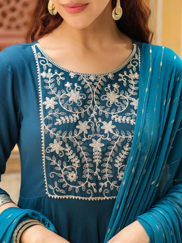 Rayon Embroidery And Foil Set | Women's Teal Rayon Yoke Embroidery Anarkali Kurta Set