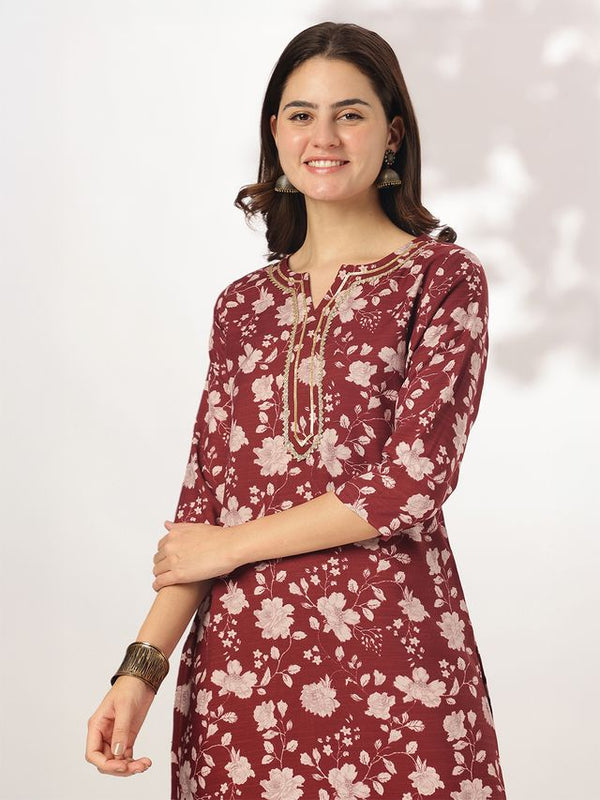 Clothsy Fashion Women's Maroon Rayon Floral Straight Kurta Set