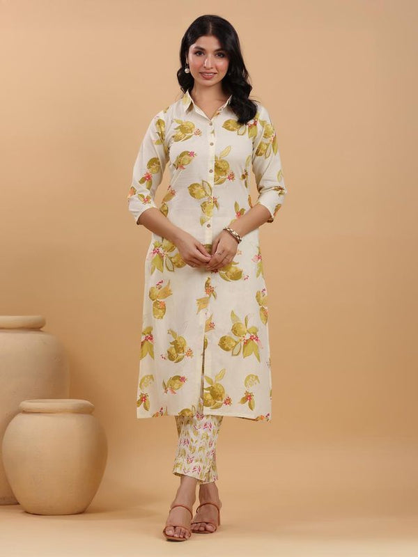 Cream Cotton Floral Button Down Shirt Kurta Set
