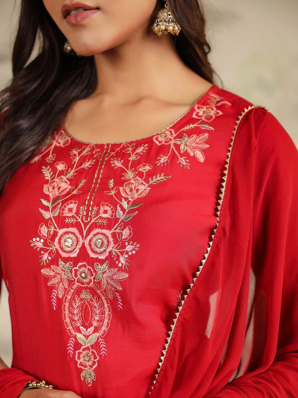 Clothsy Fashion Women's Maroon Chanderi Embroidered Straight Kurta Set