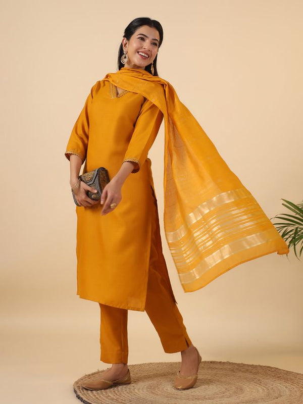 Women's Mustard Cotton Blend Solid Straight Kurta Lace Set