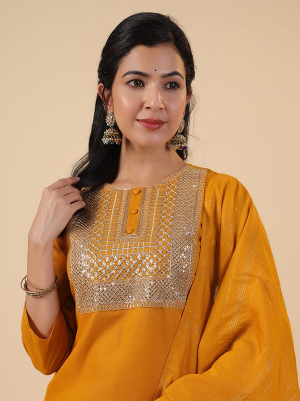 Clothsy Fashion Women's Mustard Cotton Blend Yoke Embroidery Straight Kurta Set