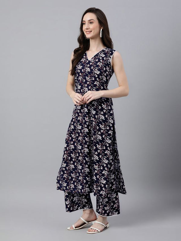 Clothsy Fashion Women's Navy Blue Cotton Floral A-line Co-ord Set