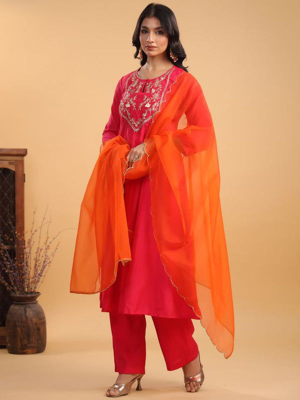 Clothsy Fashion Women's Pink Chanderi Yoke Embroidery Anarkali Kurta Set
