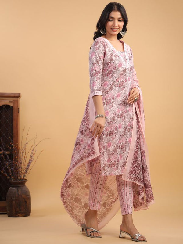 Clothsy Fashion Women's Pink Cotton Floral Straight Kurta Set