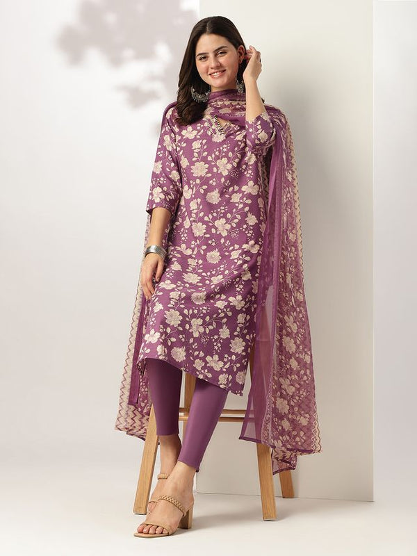 Clothsy Fashion Women's Purple Rayon Blend Floral Straight Kurta Set