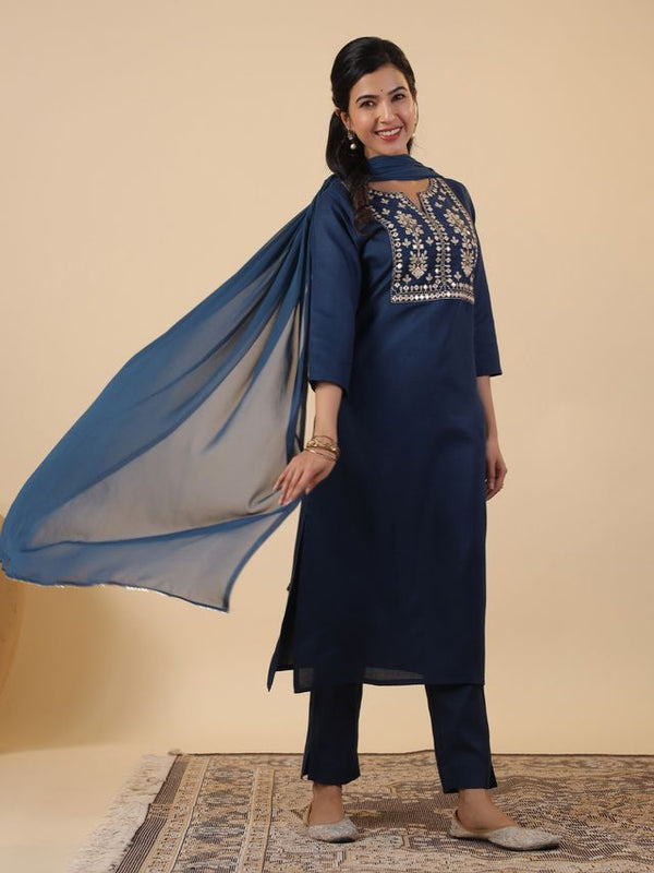 Zari Emb With Nazneen Dupatta | Women's Teal Cotton Blend Yoke Embroidery Straight Kurta Set